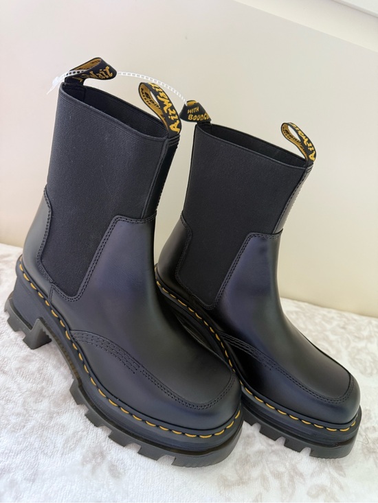 Dr. Martens Shoes - Dr. Martens Corran Black Leather Chelsea Lug Boots with Yellow Stitching